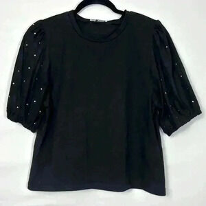 Zara Studded Puff Velvet Feel Sleeve Blouse